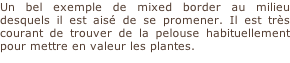 Un bel exemple de mixed border au milieu desquels il est aisé de se promener. Il est très courant de trouver de la pelouse habituellement pour mettre en valeur les plantes.